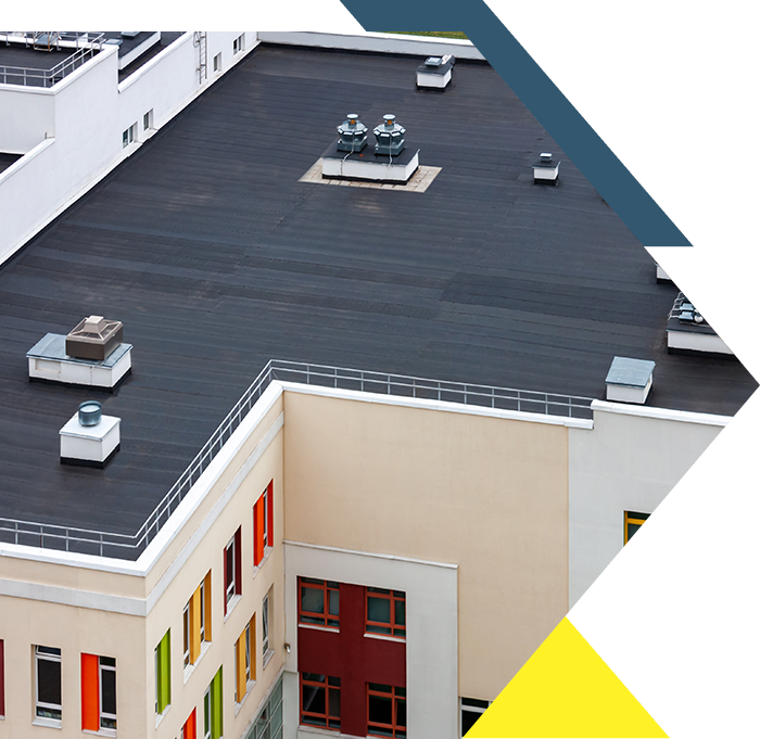 5 Rooftop with colorful building and geometric frames.