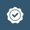 Checkmark in white badge on blue background.